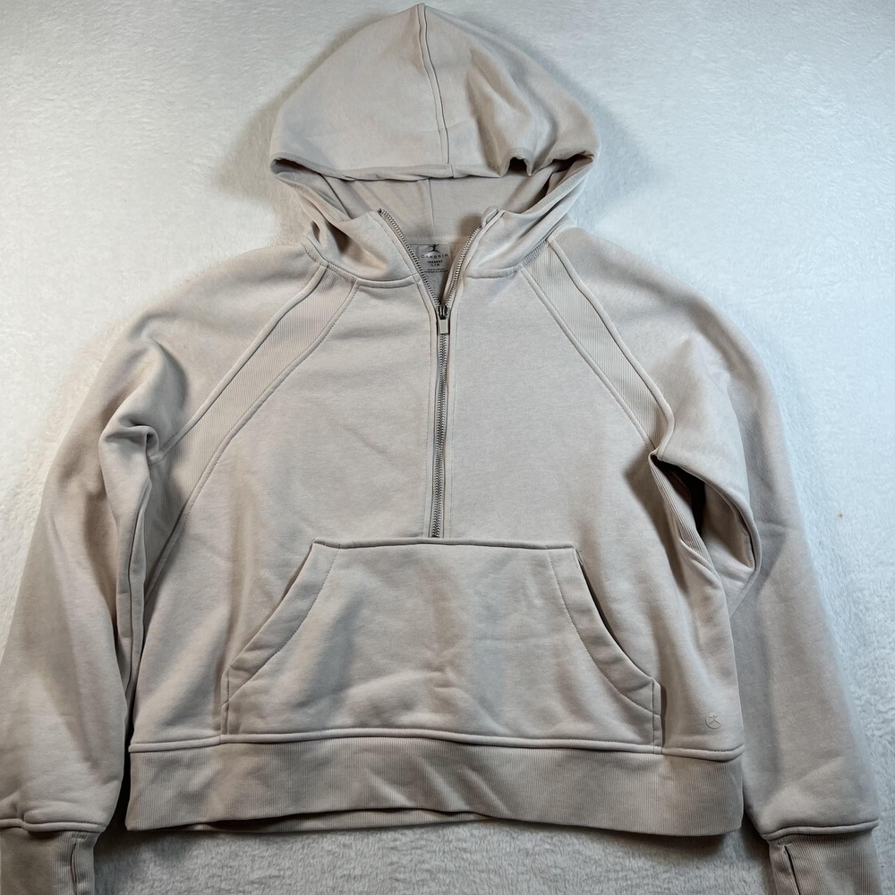 Danskin Hoodie Womens Large Beige 1/2 Zip Fleece Pullover Raglan Kangaroo Pocket